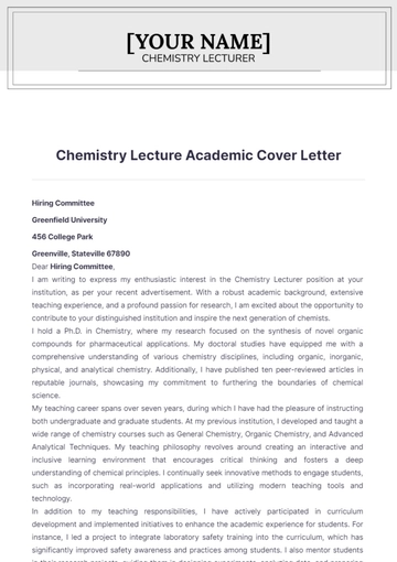Free Chemistry Lecture Academic Cover Letter to Edit Online