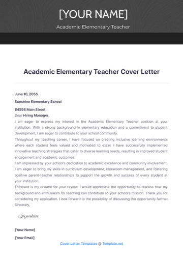 Free Academic Elementary Teacher Cover Letter to Edit Online