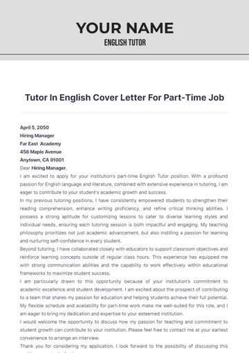 Free Tutor In English Cover Letter For Part Time Job to Edit Online