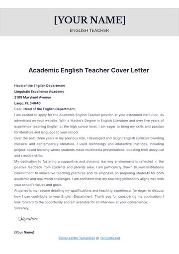 Free Academic English Teacher Cover Letter to Edit Online