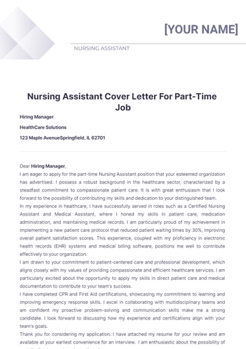 Free Nursing Assistant Cover Letter For Part Time Job to Edit Online