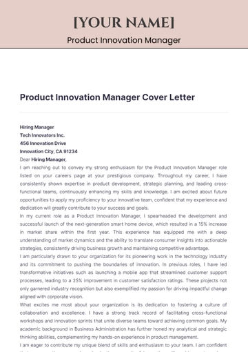 Free Product Innovation Manager Cover Letter to Edit Online