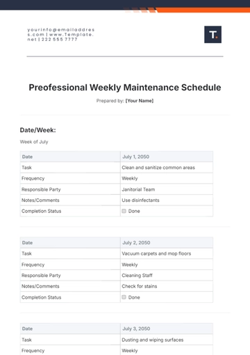Free Weekly Maintenance Schedule Template to Edit Online