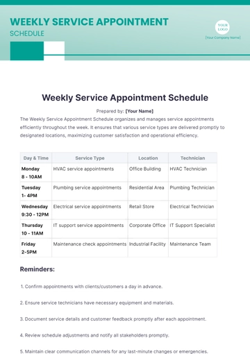 Free Weekly Service Appointment Schedule Template to Edit Online