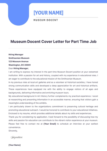 Free Museum Docent Cover Letter for Part Time Job to Edit Online