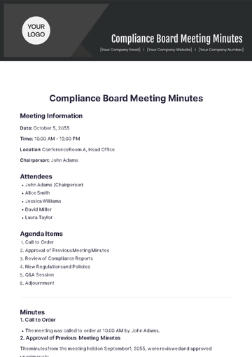 Free Compliance Board Meeting Minutes Template to Edit Online