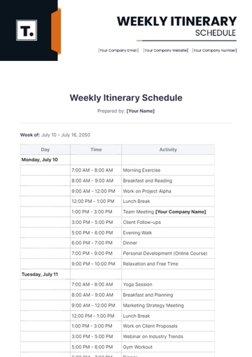 Free Weekly Itinerary Schedule Template to Edit Online