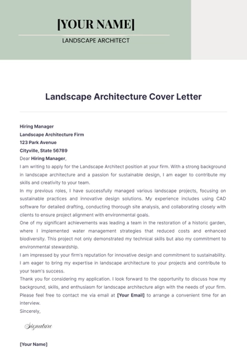 Free Landscape Architecture Cover Letter to Edit Online