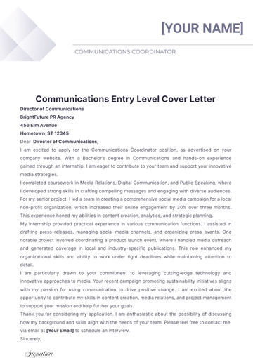 Free Communications Entry Level Cover Letter to Edit Online