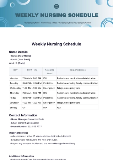 Free Weekly Nursing Schedule Template to Edit Online