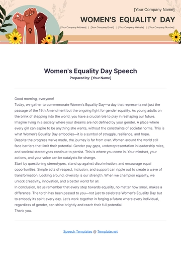 Free Womens Equality Day Speech Template to Edit Online