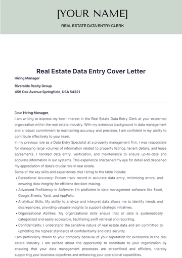 Free Real Estate Data Entry Cover Letter to Edit Online