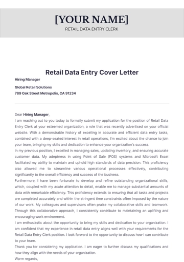 Free Retail Data Entry Cover Letter to Edit Online