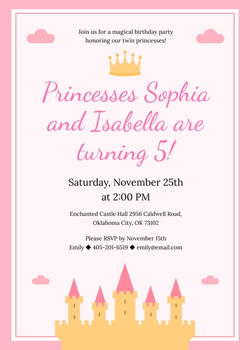 Free Twin Princess Birthday Party Invitation Template to Edit Online