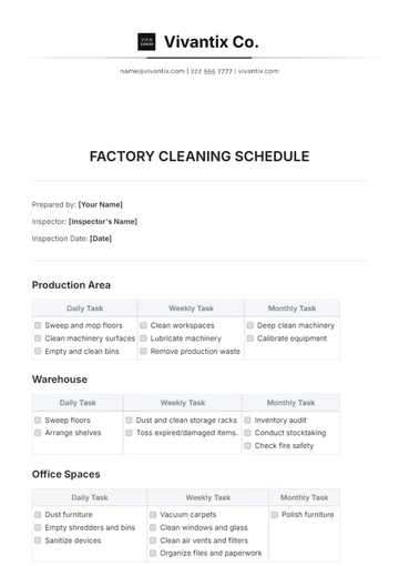 Free Factory Cleaning Schedule Template to Edit Online