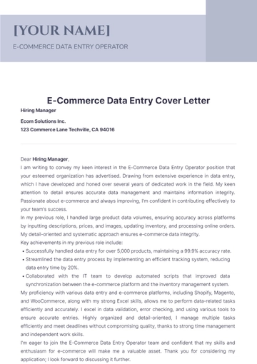 Free E-Commerce Data Entry Cover Letter to Edit Online