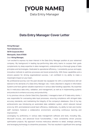 Free Data Entry Manager Cover Letter to Edit Online