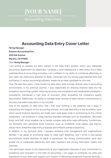 Free Accounting Data Entry Cover Letter to Edit Online