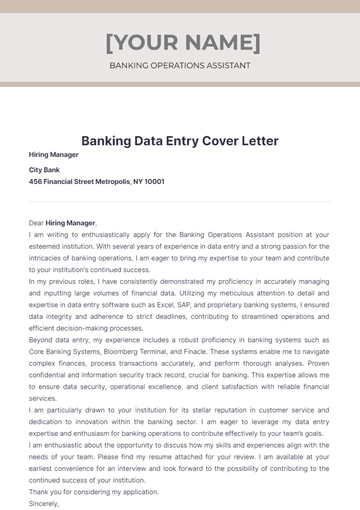 Free Banking Data Entry Cover Letter to Edit Online