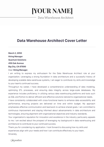 Free Data Warehouse Architect Cover Letter to Edit Online