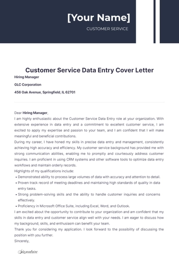Free Customer Service Data Entry Cover Letter to Edit Online