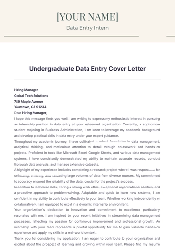 Free Undergraduate Data Entry Cover Letter to Edit Online