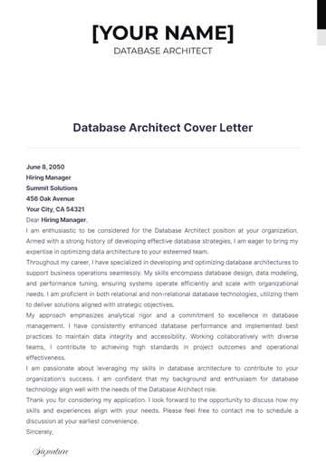 Free Database Architect Cover Letter to Edit Online