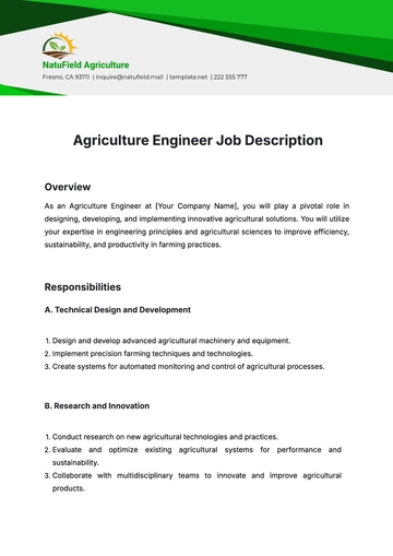 Free Agriculture Engineer Job Description Template to Edit Online