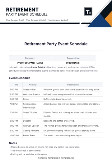 Free Retirement Party Event Schedule Template to Edit Online