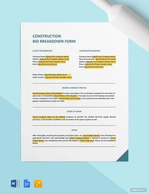 Construction Bid Breakdown Form Template