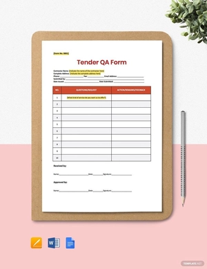 Tender QA Form Template Tender QA Form Template