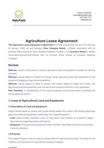 Free Agriculture Lease Agreement Template to Edit Online