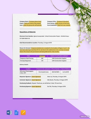 Material Request Form for Construction Company Template