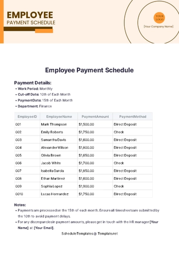 Free Employee Payment Schedule Template to Edit Online