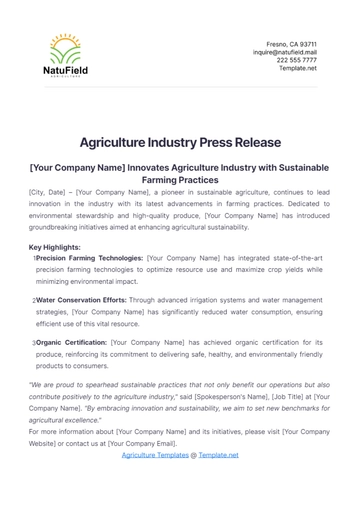 Free Agriculture Industry Press Release Template to Edit Online