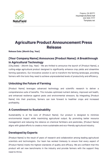 Free Agriculture Product Announcement Press Release Template to Edit Online