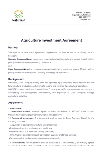 Free Agriculture Investment Agreement Template to Edit Online
