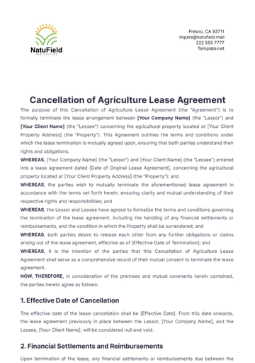 Free Cancellation of Agriculture Lease Agreement Template to Edit Online