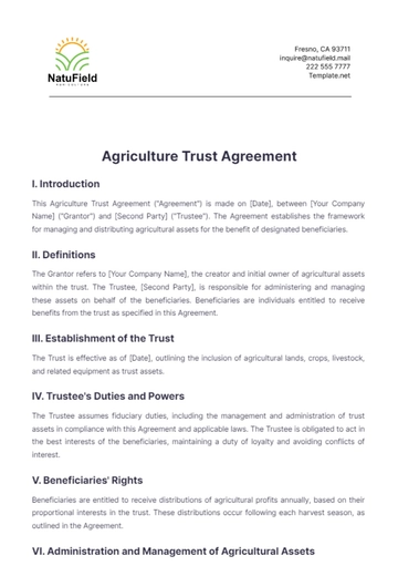 Free Agriculture Trust Agreement Template to Edit Online