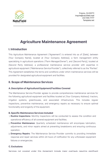 Free Agriculture Maintenance Agreement Template to Edit Online
