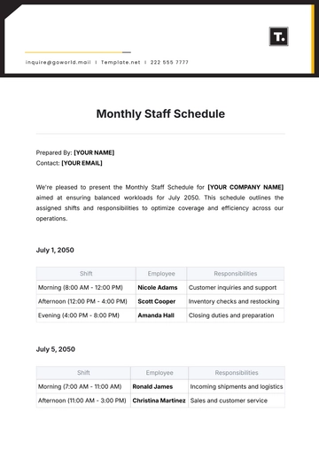 Free Monthly Staff Schedule Template to Edit Online
