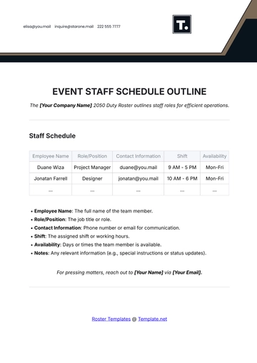 Free Event Staff Schedule Outline Template to Edit Online
