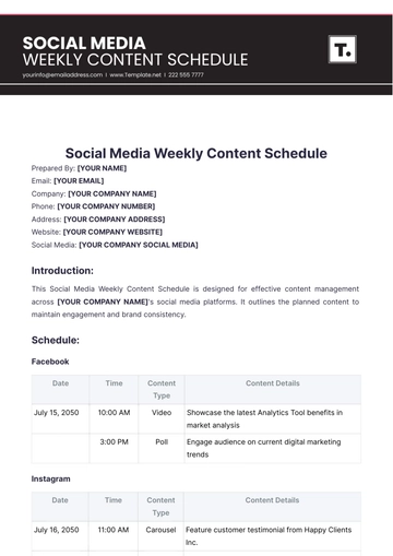Free Social Media Weekly Content Schedule Template to Edit Online