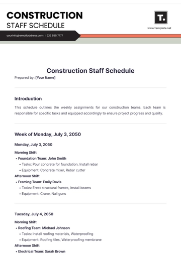 Free Construction Staff Schedule Template to Edit Online
