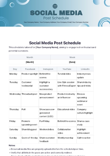 Free Social Media Post Schedule Template to Edit Online