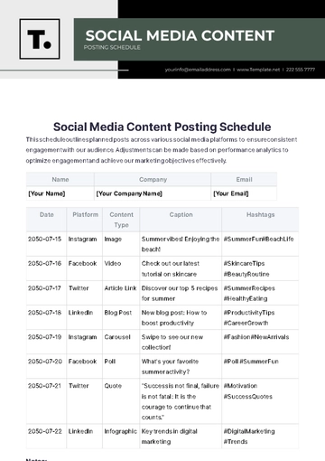 Free Social Media Content Posting Schedule Template to Edit Online