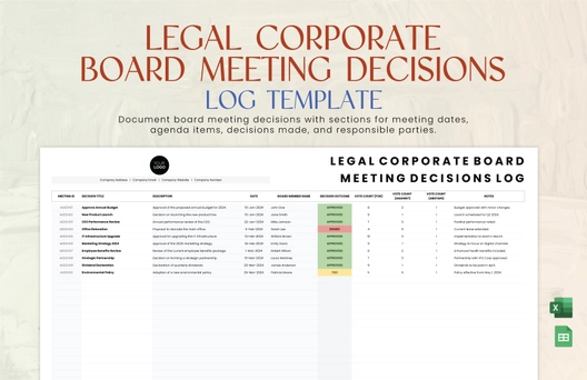 Legal Corporate Board Meeting Decisions Log Template
