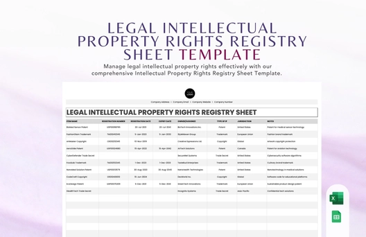 Legal Intellectual Property Rights Registry Sheet Template