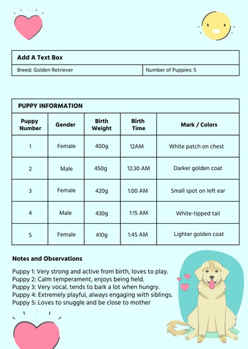 Free Puppy Birth Chart Template to Edit Online
