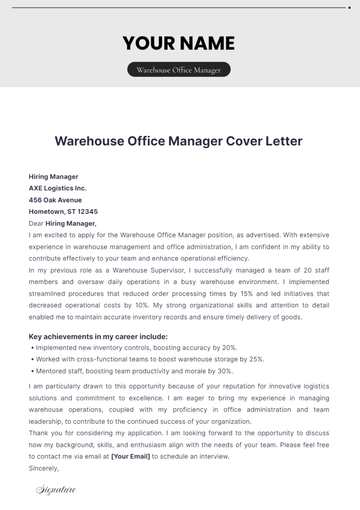 Free Warehouse Office Manager Cover Letter to Edit Online